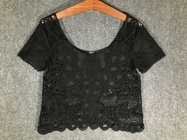 Poof Blouse Shirt Short Sleeve Lace Sheer Scoop Neck Casual Womens Top Black - £10.01 GBP
