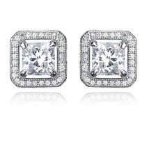 Authentic Crislu Micro Pave Square Stud Earrings, Platinum Silver - $157.41