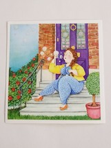 Square Sticker of Woman Sitting on Porch Blowing Bubbles Cartoon Decal Awesome - £1.74 GBP