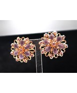 Vtg Purple Flower Clip On Earrings w/ Filigree Design &amp; Lilac Rhinestone... - $27.99 CAD