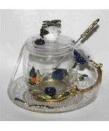Beautiful 4-Pc Enamel Roses Butterflies Rhinestones Cup Lid Spoon &amp; Sauc... - $50.75 CAD