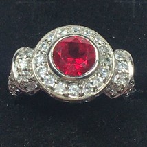 Vintage  MRF Cocktail Ring Silver Tone Clear Crystals Red Center Stone Size 7.5 - £21.99 GBP