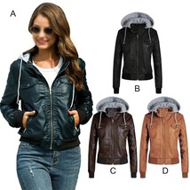 Womens Ladies Biker Motorcycle Hooded Detachable Bomber Real Leather Jacket Coat - £77.86 GBP