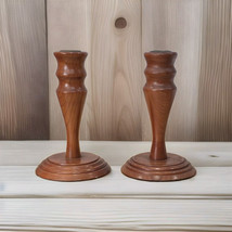 Set of Vintage Brown Wooden Taper Candle Sticks Holders MCM Farmhouse Ho... - $20.78