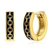 Stainless Steel Oxidized Chain Design Huggie Hoop Earrings - Gold Plated - £23.23 GBP