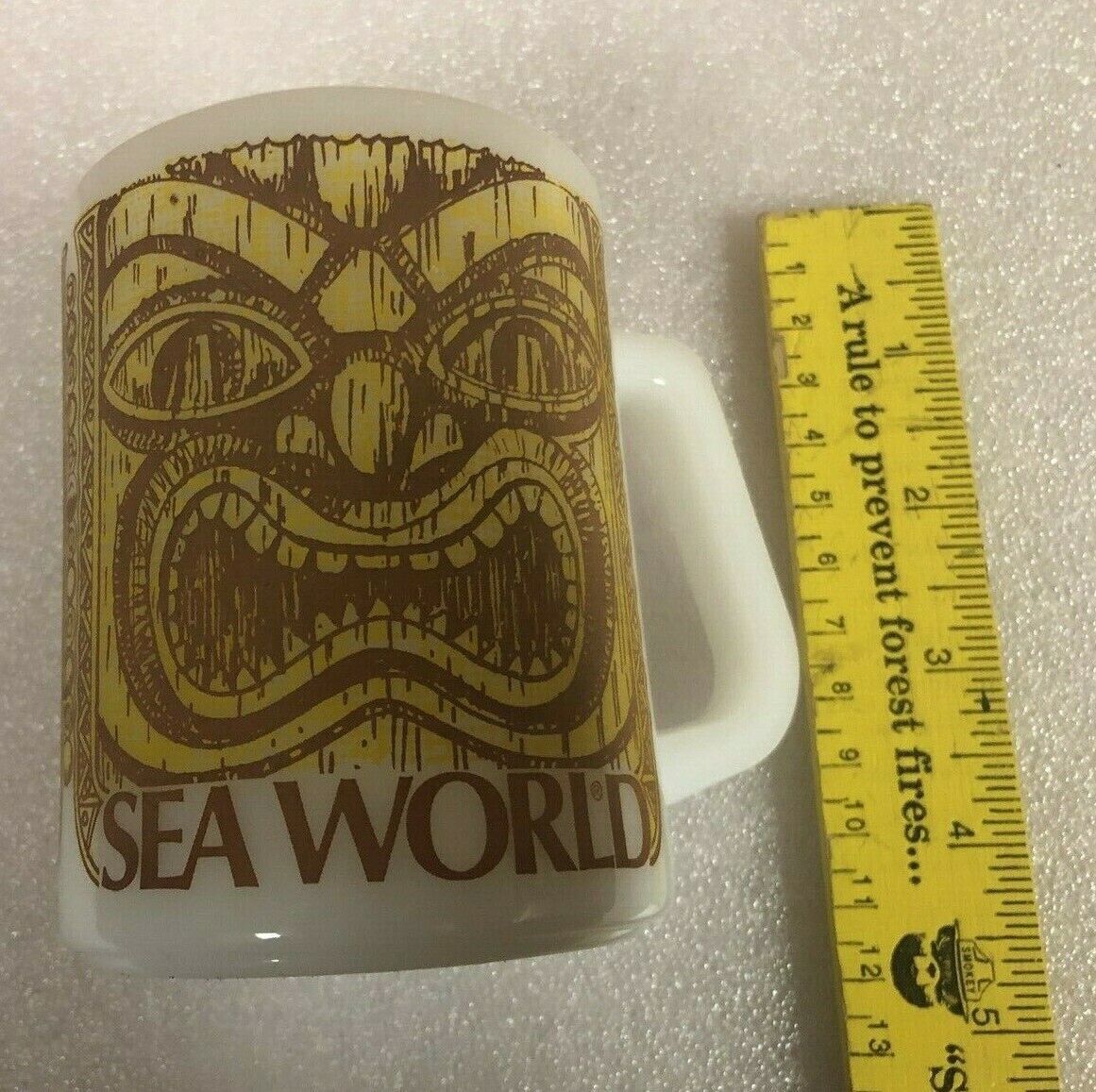 Vintage Tiki Face Coffee Mug Sea World Federal White Milk Glass Cup Totem Bar - $11.88