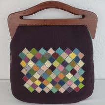 Needlepoint Handbag Plaid Geometric Handmade Wood Handle Maroon Vtg 70s Vtg - $60.00
