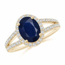 ANGARA Oval Blue Sapphire Split Shank Halo Ring for Women in 14K Solid Gold - £1,435.88 GBP