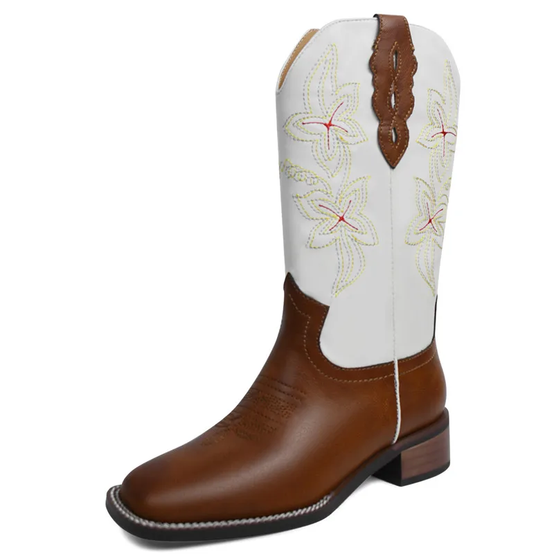 Retro Embroidered Western boy Boots Autumn Winter New Color-bloc Pointed Toe Set - £148.10 GBP