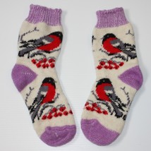 Handmade Girl&#39;s Red Robin Bird Theme Knit Cream Color Socks length 9.5&quot; ... - £6.36 GBP