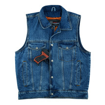 Men&#39;s Blue Denim Vest with Collar Concealed Carry Pocket - £53.92 GBP+