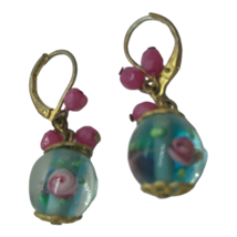 Vintage Floral Glass Dangler Earrings CottageCore Pink Pierced Hippie Boho Chic - £13.47 GBP
