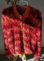 Handmade fuzzy knit sweater wood buttons  Red orange Stripped Ribbed edges Med - £15.76 GBP