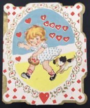 c1900s Diecut Embossed Victorian I Love You Girl w/ Puppy Valentine Greeting - £8.17 GBP