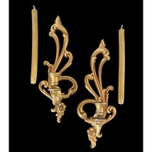 Hollywood Regency Glam Gold Gilt Syroco Candle Wall Sconces &amp; Candles - $29.69
