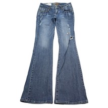 Cello Pants Womens 7 Blue Mid Rise Distressed Flared 5 Pockets Denim Jeans - $29.68