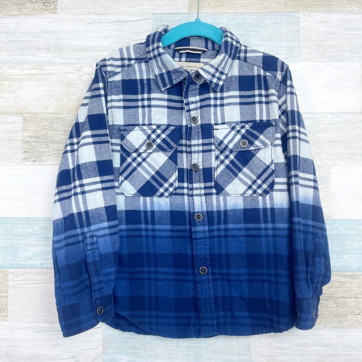 Lucky Brand Ombre Flannel Shirt Blue Plaid Button Down Long Sleeve Boys 4 5  - $19.79
