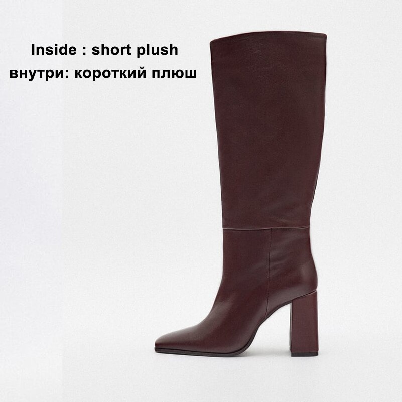 Primary image for ZA Women Genuine Leather Knee High Boots Square Toe Block High Heel Pleated Ladi