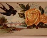 Victorian Trade Card Black Bird Flying by a Yellow Rose VTC 3 - $4.94