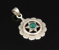 925 Silver - Vintage Emerald Star Cutout &amp; Floral Petals Edge Pendant - ... - $36.38
