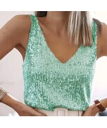  Thirteen Sparkling Sequined Shimmer Sleeveless Spaghetti Strap Tee Shirt Tops - $63.95
