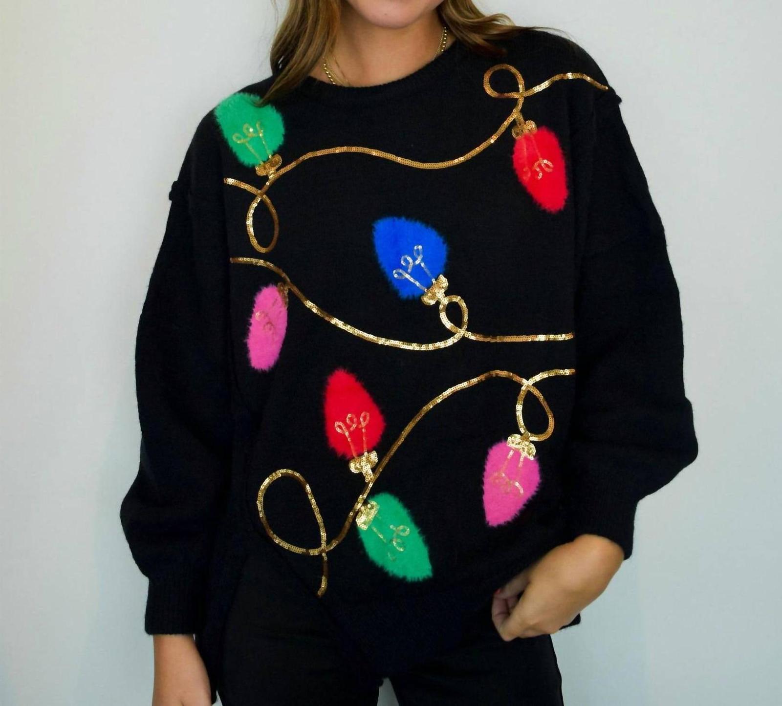 Fantastic Fawn String Of Lights Sequin Sweater Black - $45.00