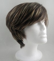 Short Chestnut Brown Shag Wig Side Swept Bangs Blond Highlights Pixie Bob Bixie - £21.32 GBP