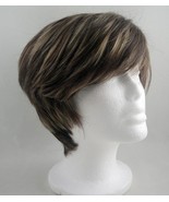 Short Chestnut Brown Shag Wig Side Swept Bangs Blond Highlights Pixie Bo... - $28.42