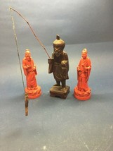 3 pcs. Vintage Red cinnabar Oriental Men wood man fishing Asian Regency MCM - £20.52 GBP