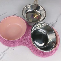 Double Pet Bowl Bling Bling Rhinestone Cat Dog Food Water Feeder Stainless Steel - £28.25 GBP+