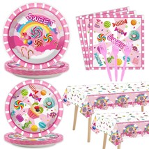 98Pcs Candyland Party Decorations Candy Tablecloth Tableware Set Lollipop Desser - £32.76 GBP