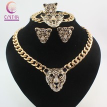 Cool Black Enamel Leopard Head Crystal Necklace Set For Women/Men Trendy Gold co - £29.27 GBP