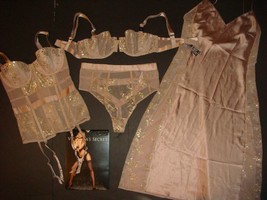 Victoria&#39;s Secret unlined 32C BRA SET+garter CORSET bustier+SLIP BROWN gold foil - £118.14 GBP