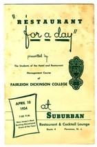 Suburban Restaurant for a Day Menu Fairleigh Dickinson College Paramus NJ 1954 - £39.02 GBP