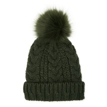 Time And Tru Women&#39;s Solid Cable Knit Beanie Hat W Pom Pom Olive Dusk New - £13.10 GBP
