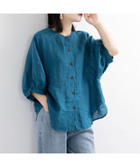 Blue Women Tops Female Blouse Linen Shirts Puff Sleeve Casual Short Buttons - £12.42 GBP