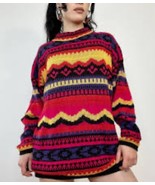 Vtg Sweater Women’s M All Points Argyle Block Neon Pink 90s Purple Yello... - $68.37 CAD