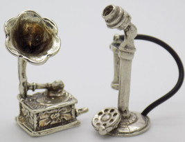 Vintage Italian Handmade Genuine Silver Gramophone &amp; Phone Dollhouse Miniatures - £36.28 GBP