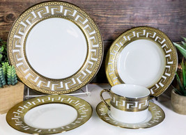 Gold Plated Baroque Barocco Golden Greek Key Border 40 Pcs Luxury Dinnerware Set - £174.12 GBP