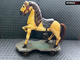 Vintage Antique Hand Carved Wooden Pull Toy Horse 20” Cast Iron Rolling Wheels - £309.76 GBP