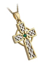 Celtic Gold Cross Necklace with Emerald Green - $171.19