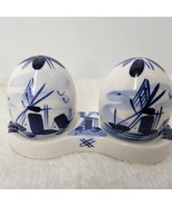 Delft Blue Hand Painted Egg Salt &amp; Pepper Shakers Set w/Underplate VTG W... - $11.87