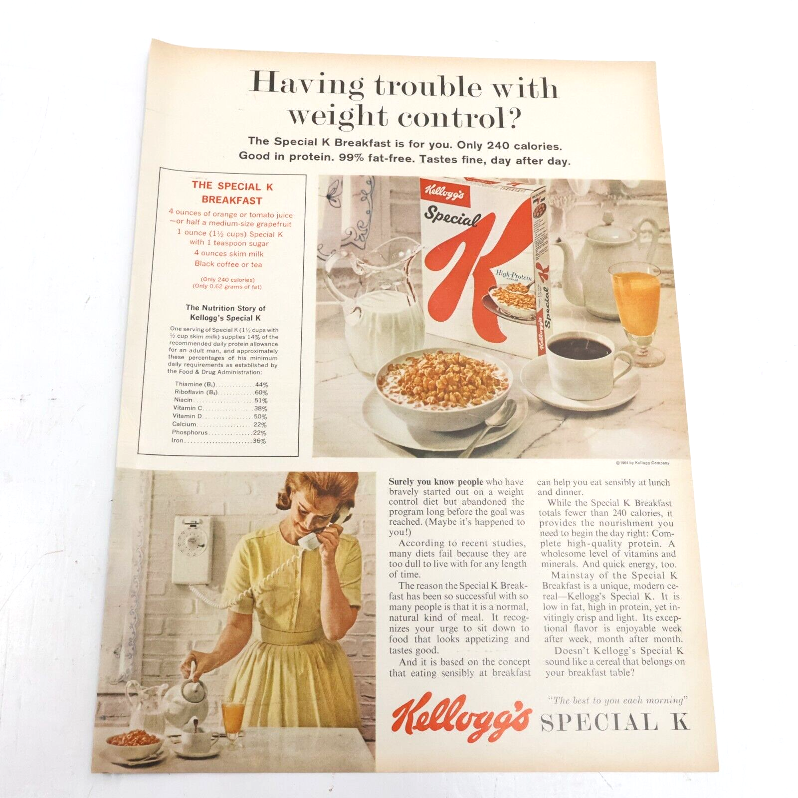 1964 Kellogg Special K  High Protein Breakfast Cereal Print Ad 10.5x13.5 - $6.30