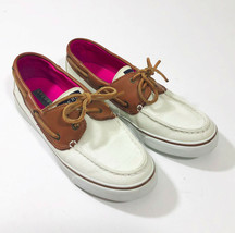 Sperry Top Sider Boat Shoes Off White Canvas Brown Leather Trim US 8M - $16.82