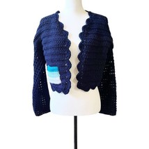 Handmade Women’s Crochet Cropped Long Sleeve Sweater Cardigan Blue Size S - £20.84 GBP