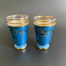 Set 2 Vtg Blue Enameled Brass Shabbat Kiddush Cups Jewish Goblets Glass ... - $35.00