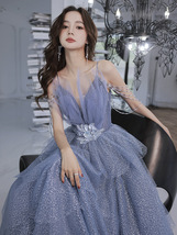 Dusty Blue Maxi Dress GOWNS Deep-V neckline Sleeveless Tulle Wedding Dresses image 2