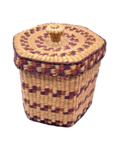 Vintage Woven Basket Seagrass Lidded Sewing Sewing Notions Tan Brown 5&quot; ... - £29.06 GBP