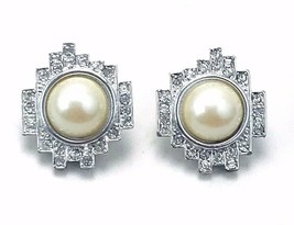 Vintage Silver Tone Monet Pearl Channel Set Rhinestone Clip On Earrings - £17.40 GBP