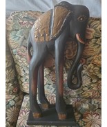 Vintage Artisan Handcrafted 19” Tall Wood Elephant Sculpture w/ Metal Ac... - $71.05